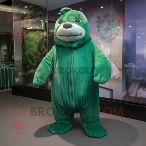 Forest Green Stellar'S Sea Cow mascot costume character dressed with a Hoodie and Foot pads