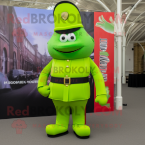 Lime Green British Royal Guard mascot costume character dressed with a Cargo Shorts and Hats