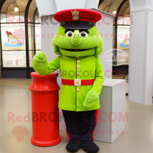 Lime Green British Royal Guard mascot costume character dressed with a Cargo Shorts and Hats