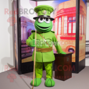 Lime Green British Royal Guard mascot costume character dressed with a Cargo Shorts and Hats