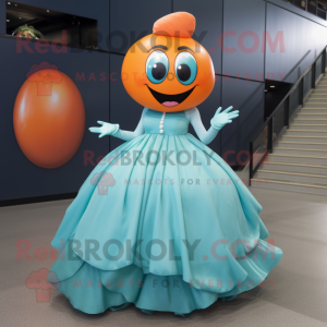 Teal Orange mascot costume character dressed with a Ball Gown and Shoe laces