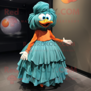 Teal Orange mascot costume character dressed with a Ball Gown and Shoe laces