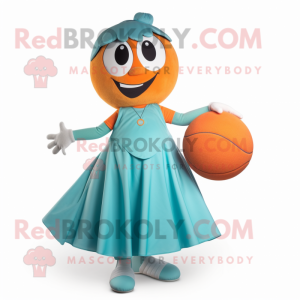 Personaje de traje de mascota Teal Orange vestido con un vestido de bola y cordones de zapatos