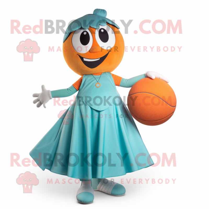 Teal Orange mascot costume character dressed with a Ball Gown and Shoe laces