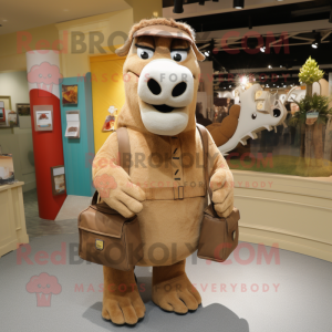 Brown Camel mascot costume character dressed with a Henley Tee and Handbags