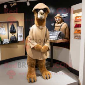 Brown Camel mascot costume character dressed with a Henley Tee and Handbags