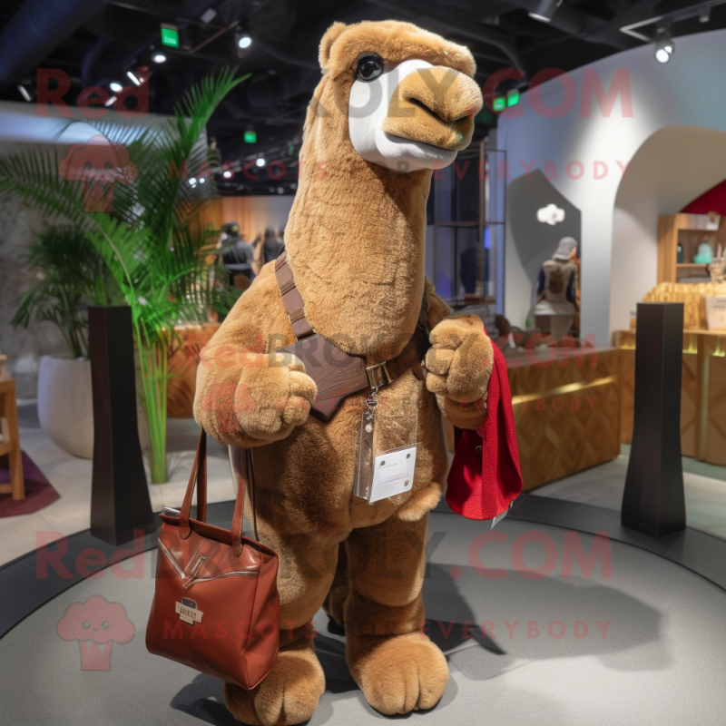 Brown Camel mascot costume character dressed with a Henley Tee and Handbags