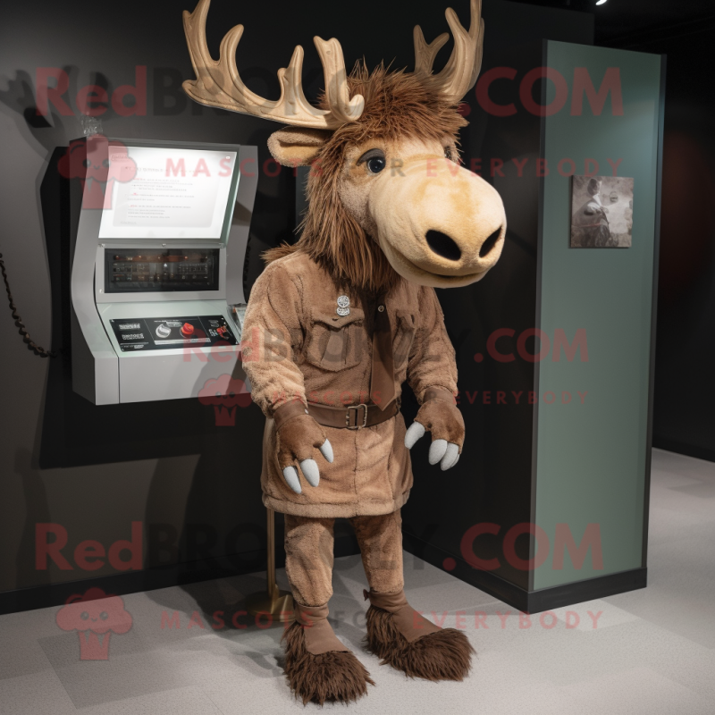 Rust Irish Elk mascot costume character dressed with a Romper and Scarf clips Rust Irish Elk mascot costume character dressed with a Romper and Scarf clips