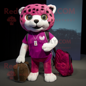 Magenta Jaguar mascot costume character dressed with a Henley Tee and Messenger bags