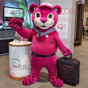 Magenta Jaguar mascot costume character dressed with a Henley Tee and Messenger bags