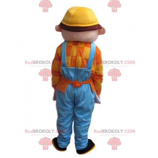 Homem mascote com macacão azul e capacete amarelo -