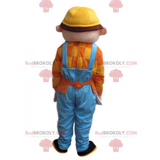 Mascot man with blue overalls and a yellow helmet -