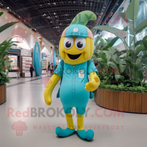 Personaje de traje de mascota de plátano turquesa vestido con una camiseta de polo y tirantes
