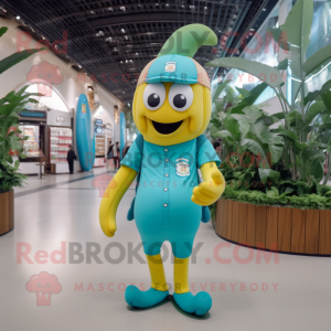 Turquoise Banana mascot costume character dressed with a Polo Tee and Suspenders