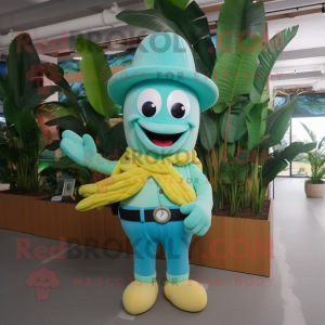 Turquoise Banana mascot costume character dressed with a Polo Tee and Suspenders