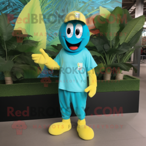 Turquoise Banana mascot costume character dressed with a Polo Tee and Suspenders