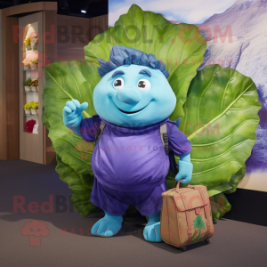 Personaje de traje de mascota Blue Cabbage Leaf vestido con pantalones capri y maletines