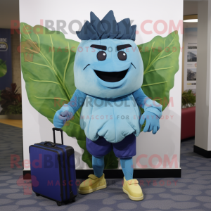 Blue Cabbage Leaf maskot drakt figur kledd med en Capri-bukse og koffert