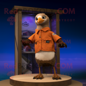 Brown Gull mascot costume character dressed with a Board Shorts and Smartwatches