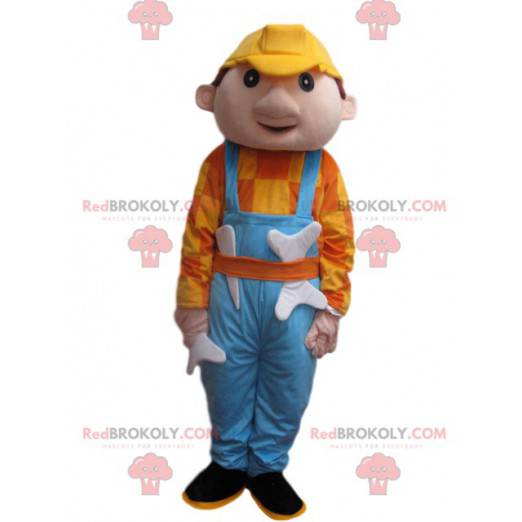 Homem mascote com macacão azul e capacete amarelo -