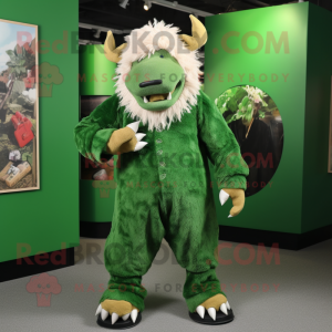 Green Woolly Rhinoceros maskot drakt figur kledd med en jumpsuit og lommeruter