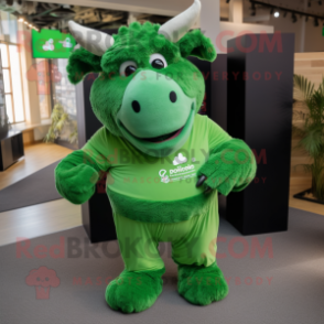 Green Woolly Rhinoceros mascot costume character dressed with a Jumpsuit and Pocket squares