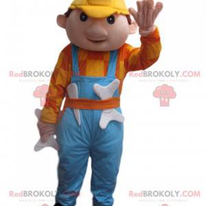 Mascot man with blue overalls and a yellow helmet -