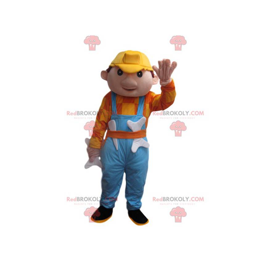 Mascot man with blue overalls and a yellow helmet -