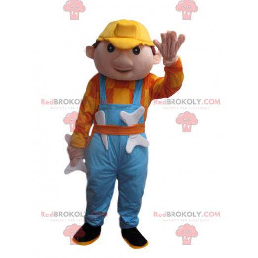 Mascot man with blue overalls and a yellow helmet -