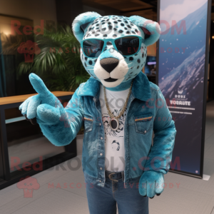 Teal Cheetah mascot costume character dressed with a Boyfriend Jeans and Sunglasses