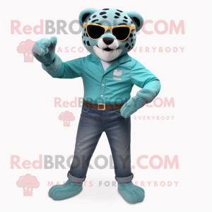 Personaje de traje de mascota Teal Cheetah vestido con jeans Boyfriend y gafas de sol