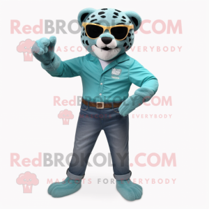 Teal Cheetah mascot costume character dressed with a Boyfriend Jeans and Sunglasses