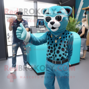 Personaje de traje de mascota Teal Cheetah vestido con jeans Boyfriend y gafas de sol