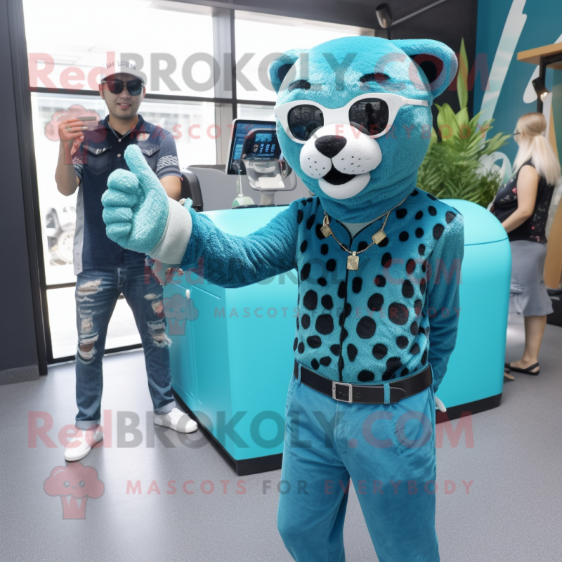 Teal Cheetah mascot costume character dressed with a Boyfriend Jeans and Sunglasses