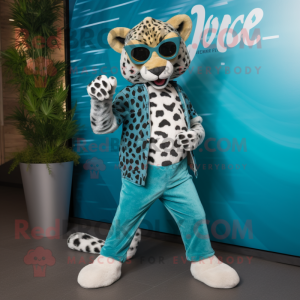 Teal Cheetah mascot costume character dressed with a Boyfriend Jeans and Sunglasses