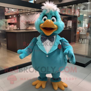 Teal Chicken mascot costume character dressed with a V-Neck Tee and Bow ties