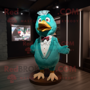 Teal Chicken mascot costume character dressed with a V-Neck Tee and Bow ties