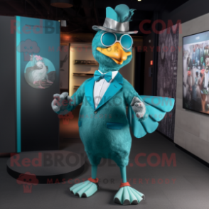 Teal Chicken mascot costume character dressed with a V-Neck Tee and Bow ties