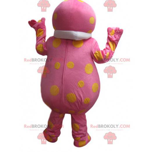Wacky pink snowman mascot with yellow dots - Redbrokoly.com