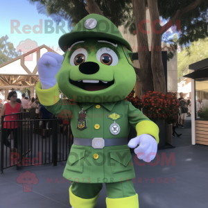 Olive Fire Fighter mascot costume character dressed with a Poplin Shirt and Bracelet watches