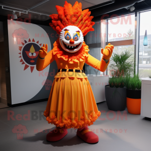 Orange Evil Clown mascot costume character dressed with a Skirt and Headbands