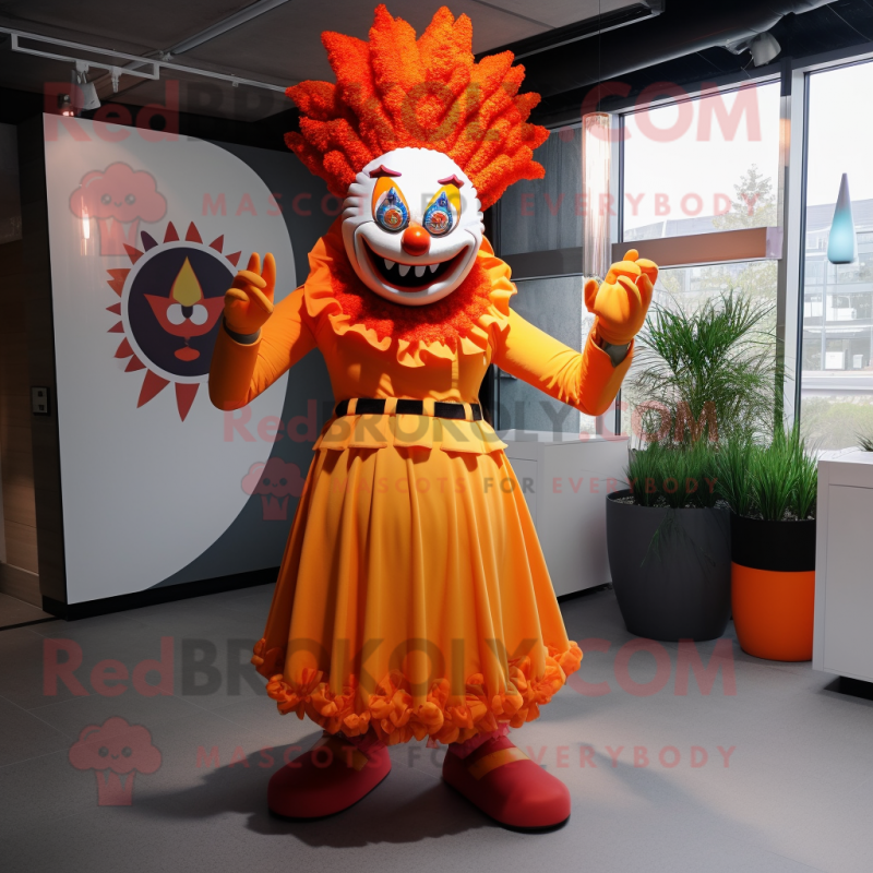 Orange Evil Clown mascot costume character dressed with a Skirt and Headbands Orange Evil Clown mascot costume character dressed with a Skirt and Headbands