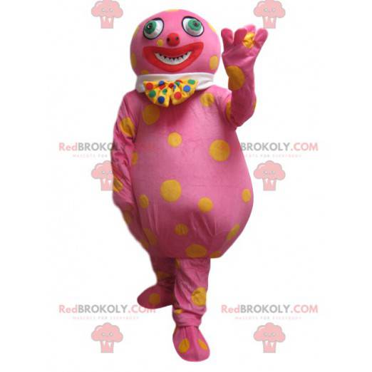 Wacky pink snowman mascot with yellow dots - Redbrokoly.com