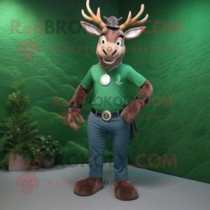 Forest Green Elk mascot costume character dressed with a Bootcut Jeans and Bracelet watches