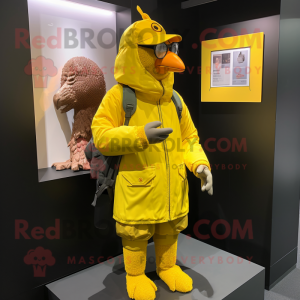 Lemon Yellow Rooster mascot costume character dressed with a Parka and Wallets