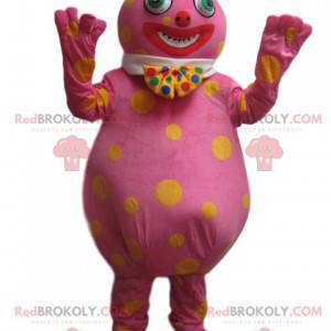 Wacky pink snowman mascot with yellow dots - Redbrokoly.com