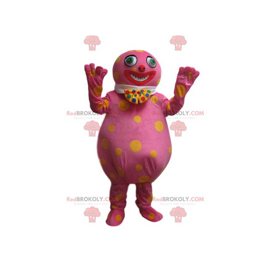 Mascotte de bonhomme farfelu rose à pois jaunes - Redbrokoly.com