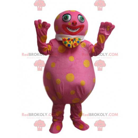 Wacky pink snowman mascot with yellow dots - Redbrokoly.com