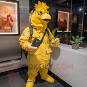 Lemon Yellow Rooster mascot costume character dressed with a Parka and Wallets