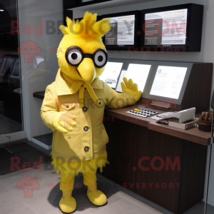 Lemon Yellow Rooster mascot costume character dressed with a Parka and Wallets